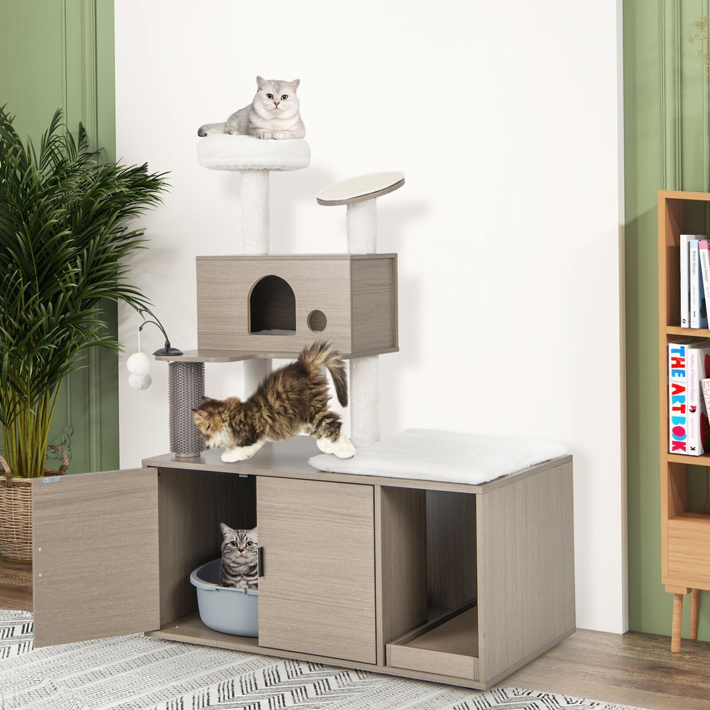 [DAPV10119GR] DORTALA 2-in-1 Modern Tall Cat Tower Hidden Litter Box Enclosure Furniture w/Sisal Posts