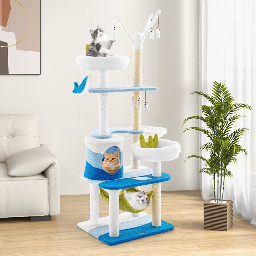 [DAPV10121BL] DORTALA Ocean-themed Cat Tree Multi-level Cat Climbing Stand Sisal Scratching Posts